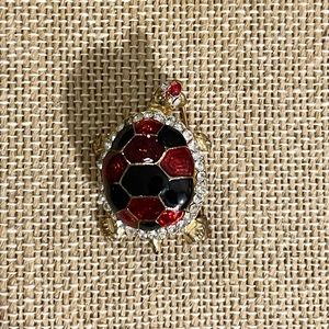 Gold Tone Enamel & Crystal Turtle Brooch Pin